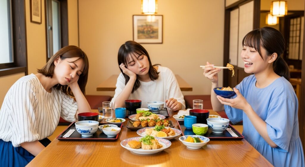 「沖縄女子旅 食事 疲れと楽しさの対比」 「沖縄旅行の女子旅で食事中、2人は疲れて無表情なのに1人だけ楽しそうに食べているシーン」