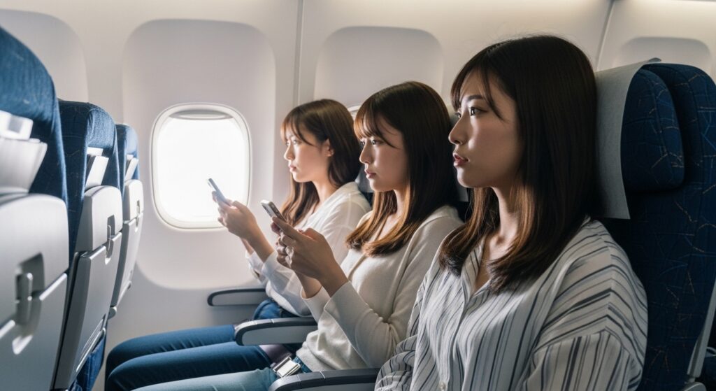 「沖縄女子旅 飛行機 帰り 気まずい空気」 「沖縄旅行の帰り道、飛行機に並んで座る女子3人組。無言でスマホを見つめ、旅の疲れや心理的な気まずさが漂う様子」