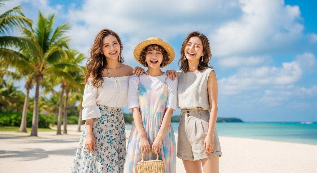 沖縄リゾート旅行を楽しむ女子旅3人組 沖縄のビーチで笑顔の20代女性3人組|リゾート旅行を楽しむ女子旅