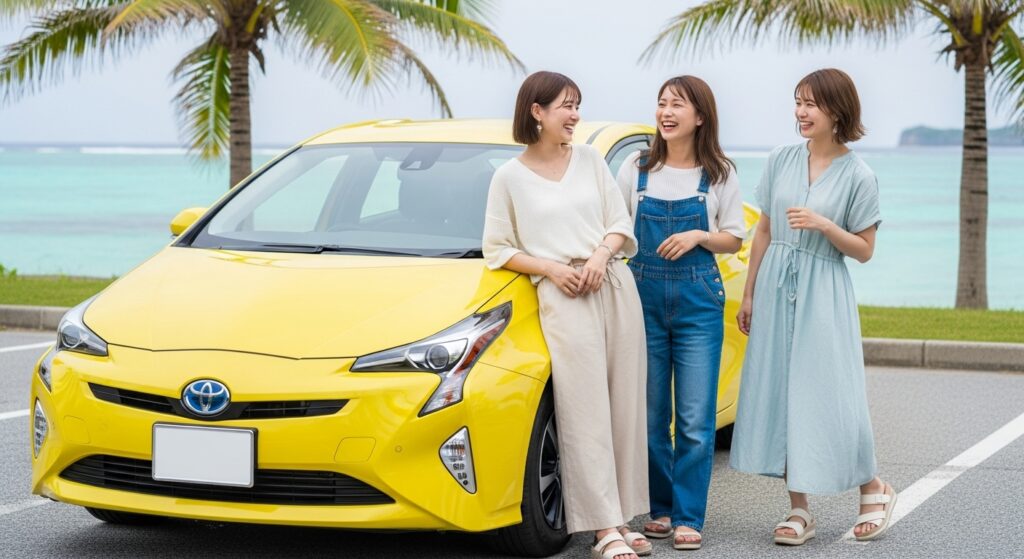 「沖縄女子旅 レンタカー プリウス」 「沖縄女子旅でレンタカーを楽しむ3人組。黄色いプリウスと青い海を背景にした旅行風景」