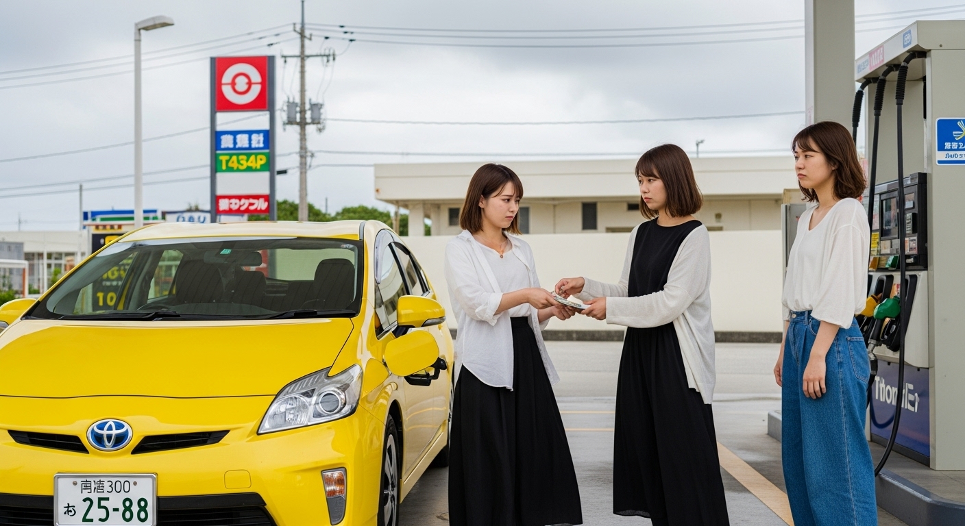 「沖縄女子旅 レンタカー プリウス ガソリンスタンド 割り勘」 「沖縄のガソリンスタンドで黄色いレンタカー・プリウスを前に、女子3人がガソリン代を割り勘しながら気まずい雰囲気を漂わせている」