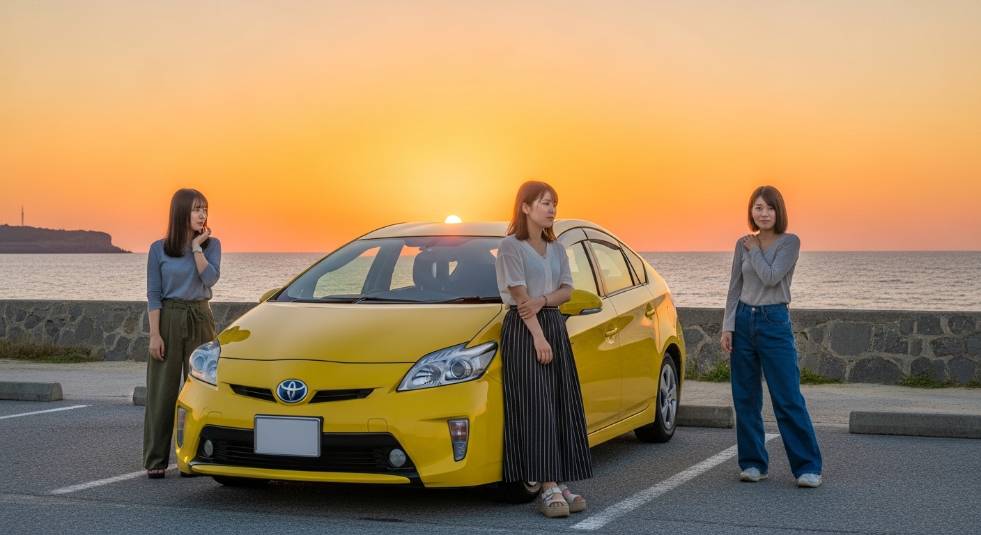 「沖縄女子旅 レンタカー 夕日 運転交代」 「沖縄旅行でレンタカーを利用する女子3人組。夕日の海を背景に黄色いプリウスの前で立ち、運転交代をめぐる心理的な距離感を表すシーン」
