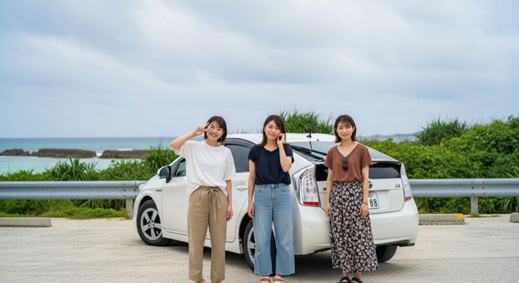 「沖縄女子旅で運転を任されたペーパードライバー女性の挑戦」 「沖縄の海を背景に、女子旅で車を借りた3人組。運転を任されたペーパードライバー女性の挑戦」
