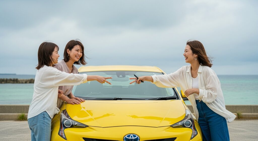 「沖縄女子旅 レンタカー 運転交代 ジャンケン」 「沖縄旅行でレンタカーを利用する女子3人組。黄色いプリウスの前でジャンケンをして運転交代を決めている場面」