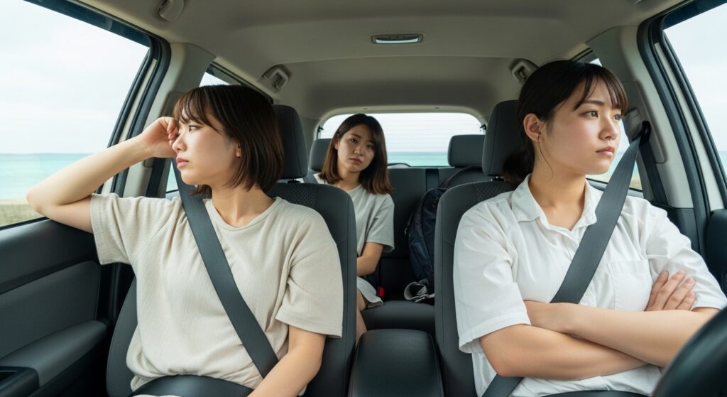「沖縄女子旅 レンタカー 不安 疲れ」 「沖縄旅行でレンタカーに乗る女子。窓の外の海を眺めながら疲れや不安を感じている様子」