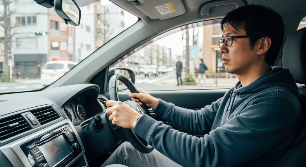 大久保通りを走行する男性ペーパードライバー。車間距離を意識しながら真剣に運転している様子