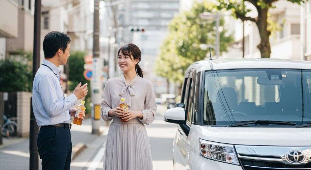 東京都内の路上でペーパードライバー講習中に休憩を取り、トヨタルーミーの前で笑顔で会話する女性受講者と男性インストラクター