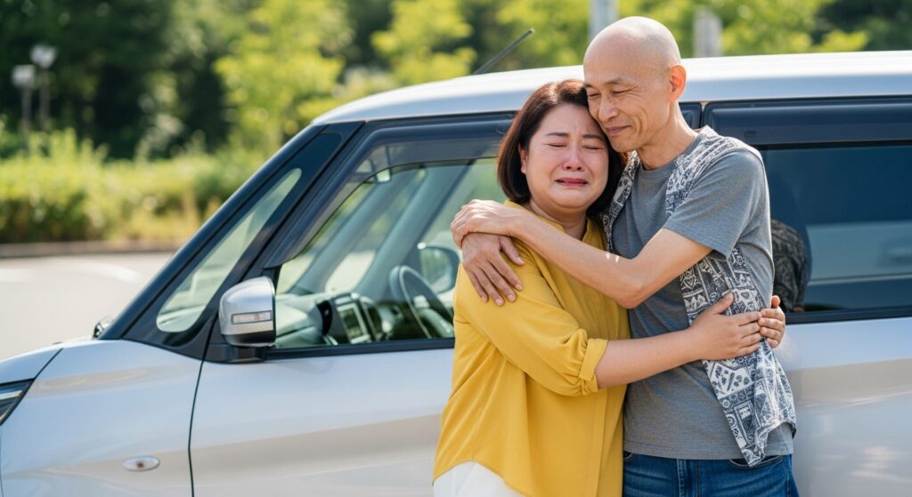 ペーパードライバー講習で夫婦が絆を深める瞬間 ペーパードライバー講習で運転に挑戦する妻を夫が励まし、感動的に抱きしめる様子