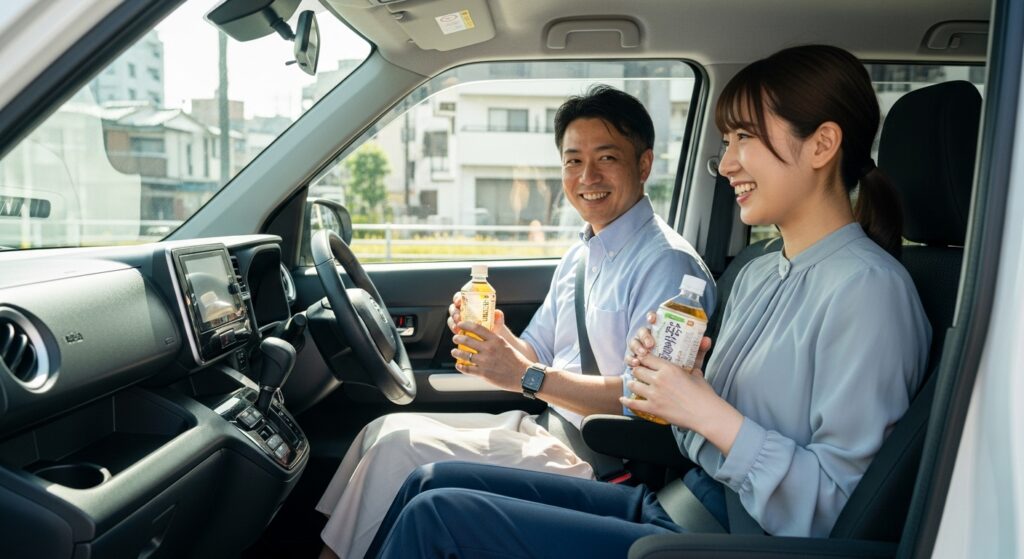 車内でお茶を持ちながら笑顔で会話する男女講師と受講者｜東京の街並みが見える出張ペーパードライバー講習の休憩風景
