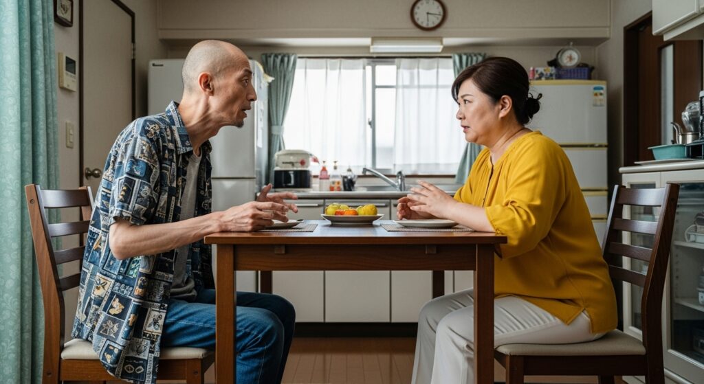 夫婦の運転練習で起きやすい口論 アパートの食卓で向かい合う50代の日本人夫婦。運転練習をめぐる会話で口論している様子。