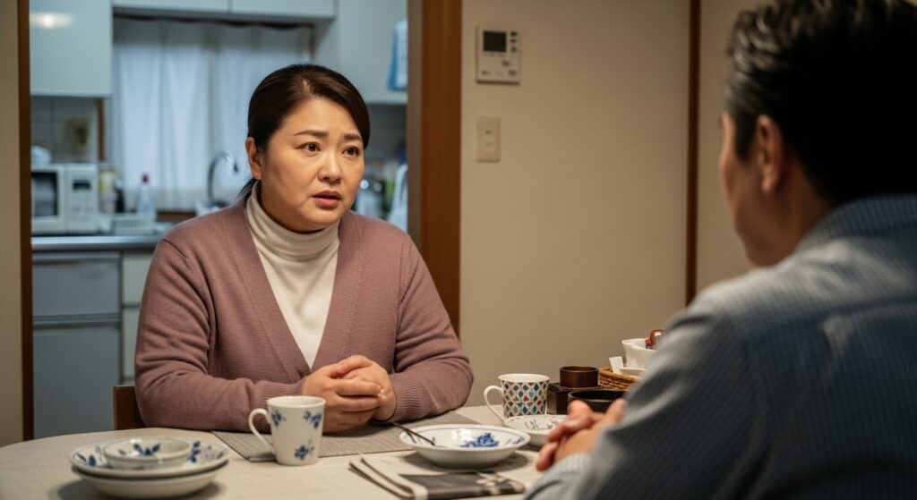 ペーパードライバー講習 40代50代 家庭で相談 40〜50代の女性が家庭で夫と真剣に運転再開について相談している様子