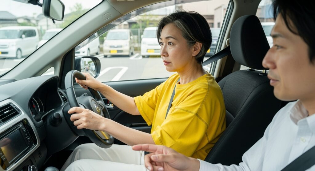 50代女性が住宅街の月極駐車場でインストラクターと一緒にバック駐車練習をしている様子
