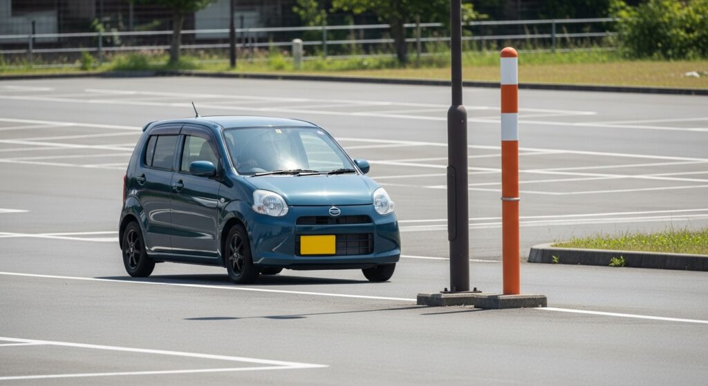 駐車場でポール手前に停車する日本のコンパクトカーで基礎操作を練習する様子