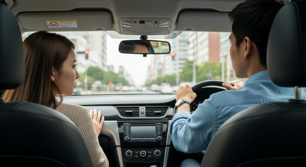 ペーパードライバー講習で運転不安を共有したカップルの車内風景 運転席の男性と助手席の女性が真剣に話し合う様子。都内の市街地を走行中の車内風景。