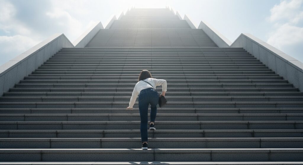 長い階段を一歩ずつ登る女性の後ろ姿。ゴールに向かって努力や挑戦を重ねる様子を象徴的に表現。