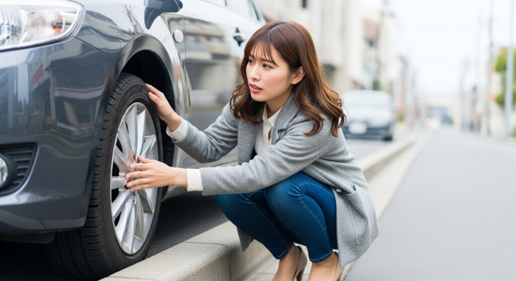 縁石に接触しそうな左前輪を確認するペーパードライバー女性