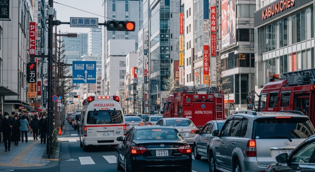 新宿歌舞伎町の交差点で救急車と消防車が渋滞で進めない様子