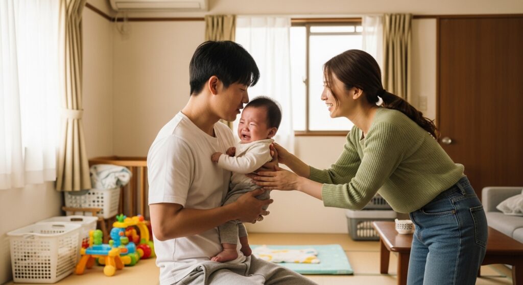 赤ちゃんをあやす若い両親。畳のある日本の家庭で、父親が赤ちゃんを抱き、母親が笑顔で寄り添っている。한국의 아빠가 가족과 함께 일본의 생활에適응하려는様子。