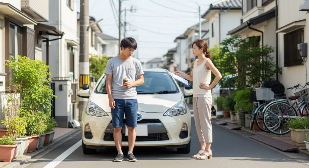 運転時間が長くなり集中力が低下し疲労による判断ミスが起きやすい状況を示すカップルとトヨタアクア