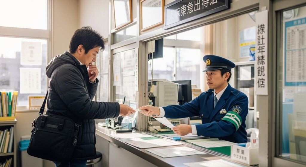 「ペーパードライバーが警察署で罰金を支払うシーン」 「交通違反で警察署を訪れた男性が窓口で罰金を支払っているシーン。ペーパードライバーに科される罰金や反則金のイメージ」