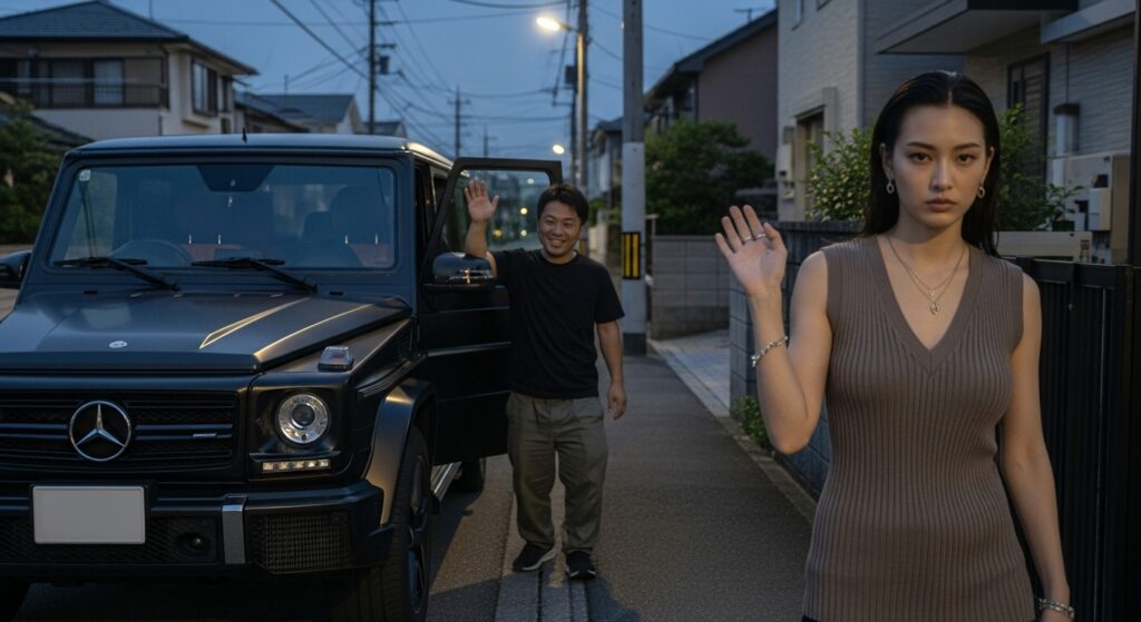 paperdriver-first-date-30s-car-dropoff-scene.jpg 夜、黒いベンツGクラスで女性を送り届ける男性。車の横で男性が笑顔で手を振る一方、女性は無表情でそっけなく手を上げている。