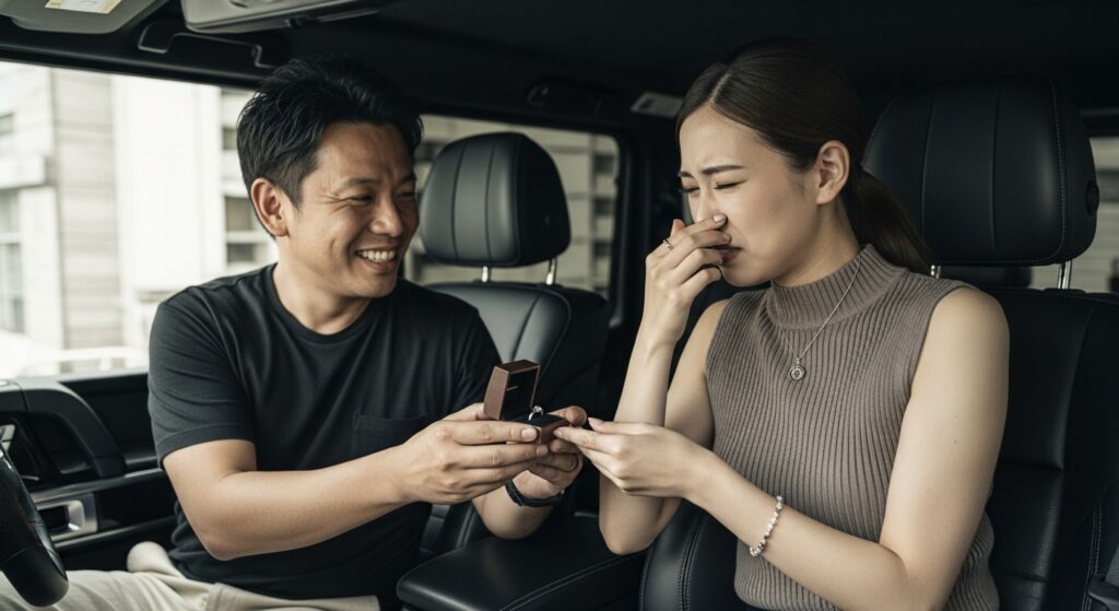 paperdriver-first-date-car-confession-ring-scene.jpg 車内で男性が指輪を差し出し、女性が鼻を押さえて困惑した表情を見せている。