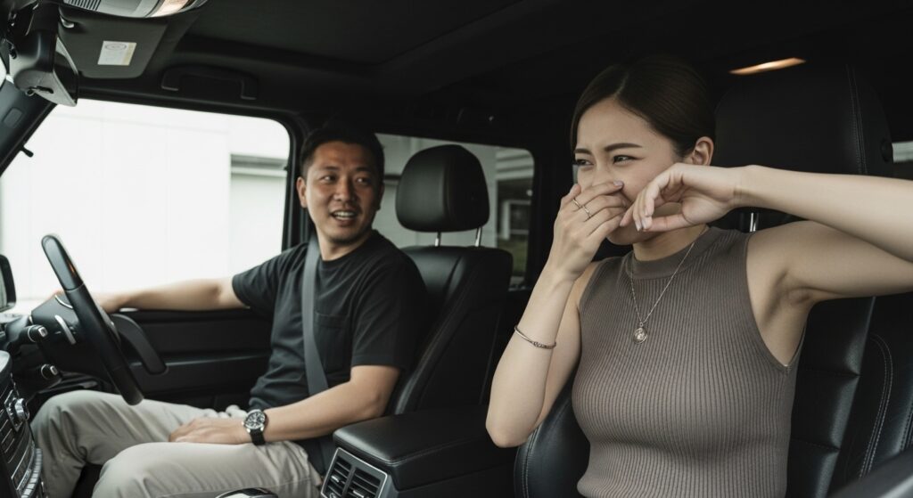 paperdriver-first-date-car-bad-breath-problem.jpg 車内で男性が笑顔で話す一方、女性は鼻を押さえて不快そうな表情をしている。