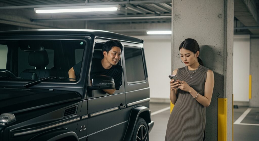 paperdriver-first-date-car-conversation-topics.jpg 地下駐車場で待ち合わせをするカップル。車に乗った男性が話しかける一方、女性はスマホを見ている。
