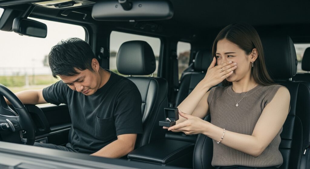 first-date-car-confession-fail-paperdriver デートの車内で告白するも、女性が鼻を押さえて指輪を返すシーン。ドライブデートの失敗例として気遣い不足を示すイメージ。