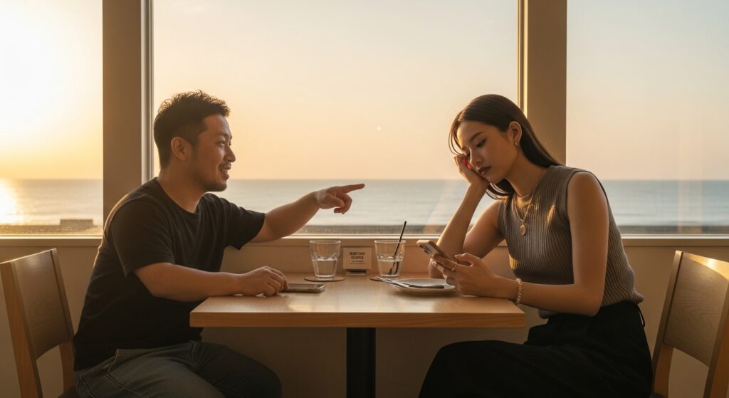 paperdriver-first-date-drive-anxiety-cafe.jpg 海辺のカフェで初デートをする男女。男性は笑顔で話しかけるが、女性はスマホを見て退屈そうにしている。