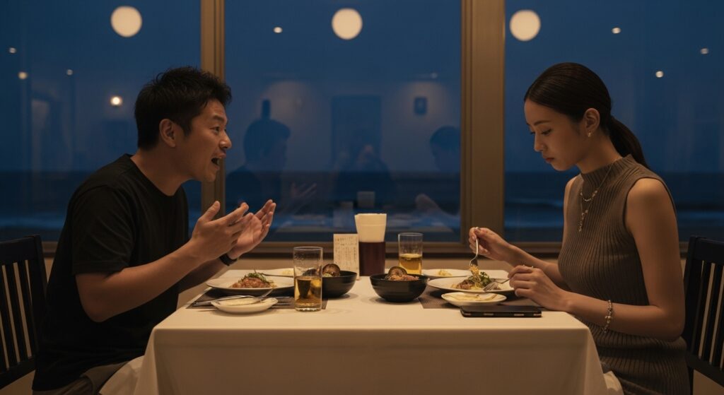 paperdriver-first-date-driving-request-anxiety.jpg 夜のレストランで初デートをする男女。男性は楽しそうに会話しているが、女性は黙って食事に集中している。