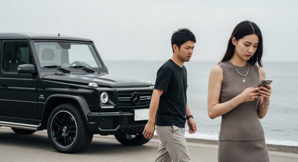 first-date-seaside-drive-car-couple.jpg 海辺で初デートをするカップル。黒いベンツGクラスの前を歩く男性と、スマホを見ながら歩く女性。