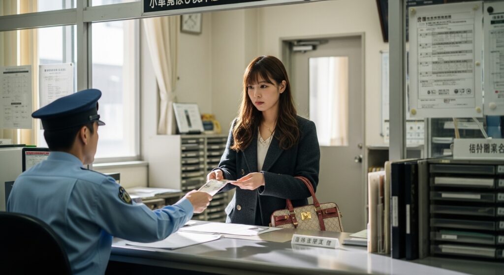 「警察署で罰金手続きを行う女性ドライバー」 「若い女性が警察署の窓口で書類を受け取り、交通違反の罰金手続きを行っている様子。初めての違反でも減免されないことを示すイメージ」