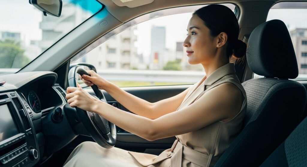 ペーパードライバーが久しぶりに運転練習を始める女性ドライバーのシーン