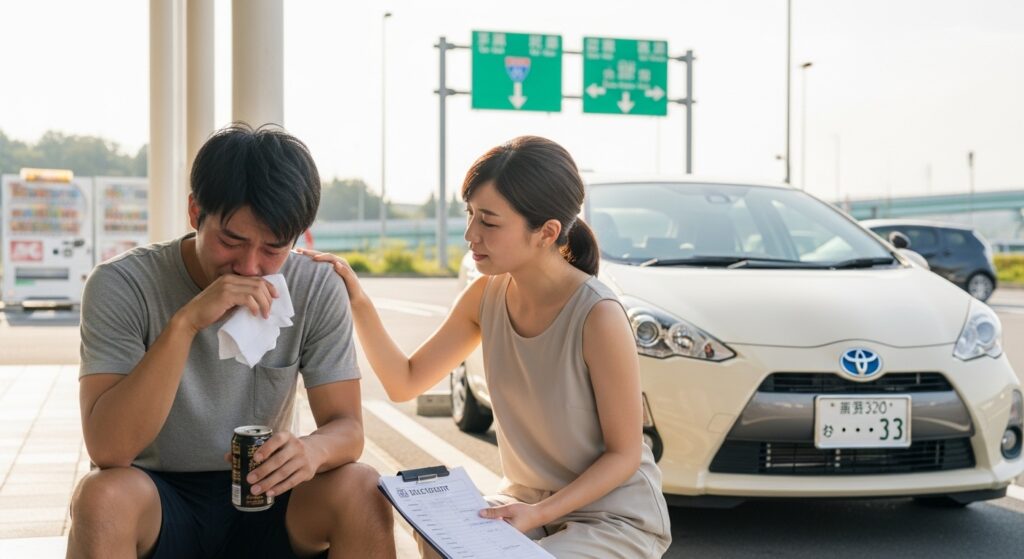 目的意識と成長意識が自己流練習の成果を左右する|トヨタアクア 目的意識と成長意識が自己流練習の成果を左右する場面。高速道路の休憩所で泣く男性を女性が励ます様子。
