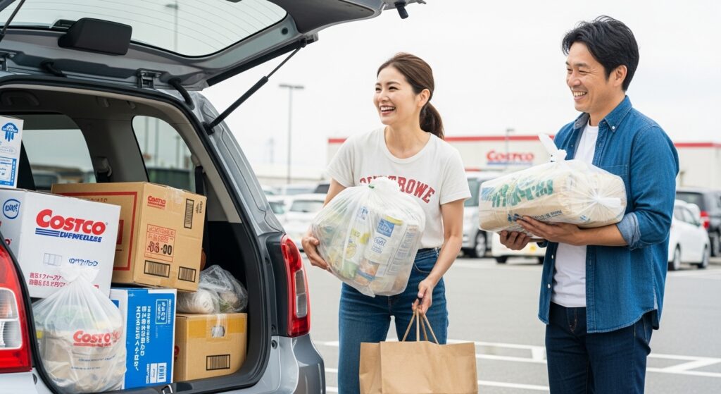コストコで大量に買い物をして車のトランクに荷物を積み込むカップル｜ペーパードライバー卒業後の運転シーン