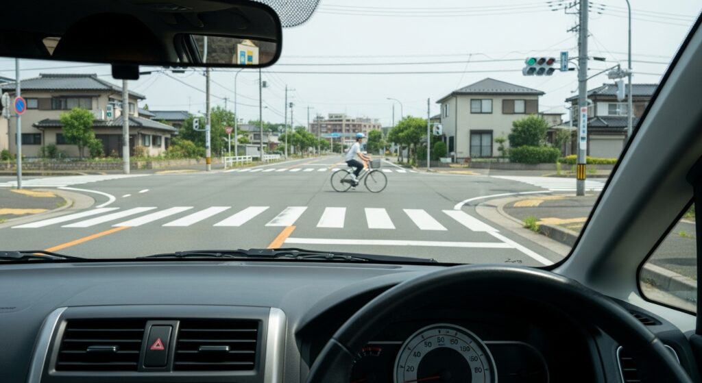交差点で横断する自転車に注意する運転席からの視点｜ペーパードライバーの危険予測トレーニング