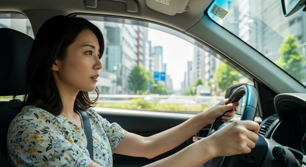 東新宿エリアを走行するペーパードライバー講習中の女性ドライバー