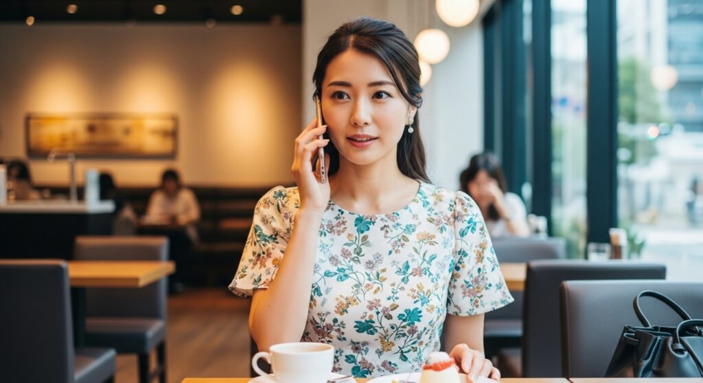 カフェでスマホ通話をしながらリラックスする女性