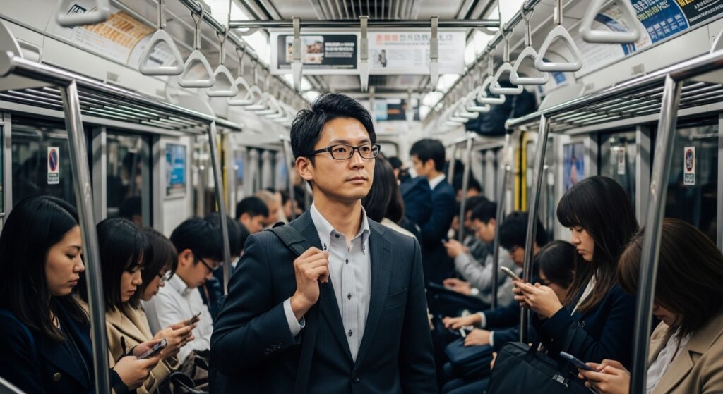 霞が関に通勤するスーツ姿の男性国家公務員。地下鉄の満員電車内で吊り革を持ちながら真剣な表情を浮かべている様子