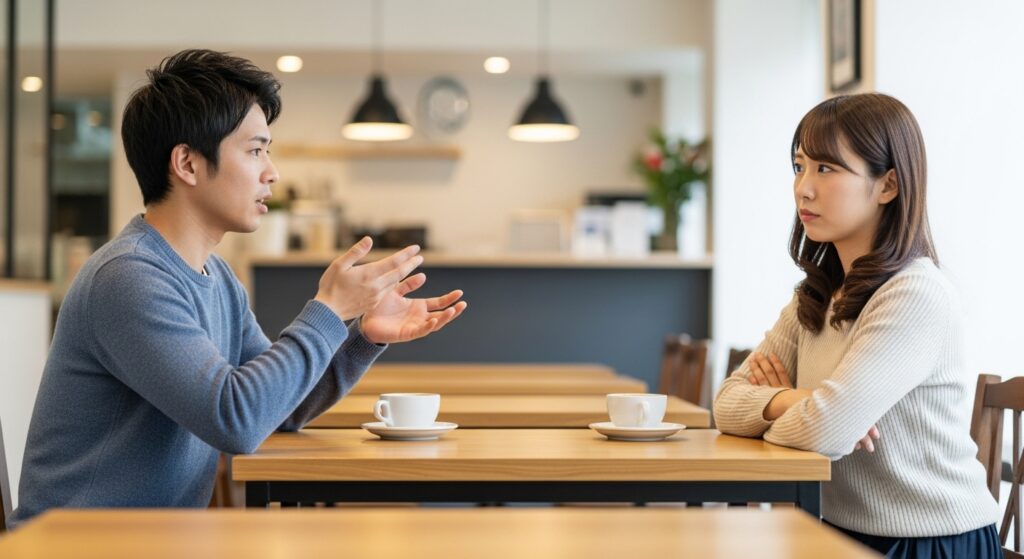 ペーパードライバーの彼氏と向き合う彼女の悩み──講習か別れかを考えるカフェでのシーン カフェで真剣な話し合いをする日本人カップル。彼氏にペーパードライバー講習をすすめるべきか悩んでいる彼女。