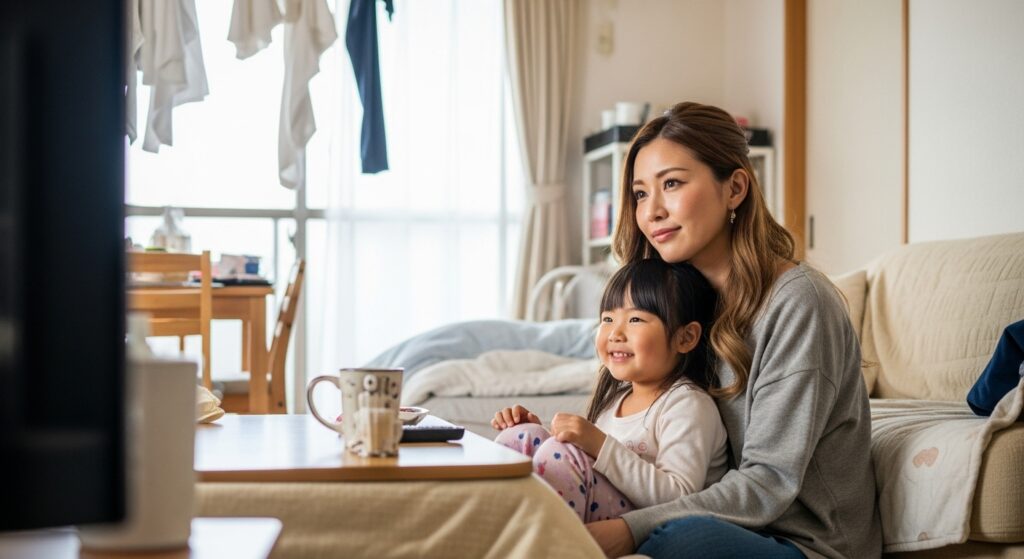 テレビを見ながら笑顔で寄り添うシングルマザーと娘の親子。ペーパードライバー講習を受ける前の暮らしの一場面。