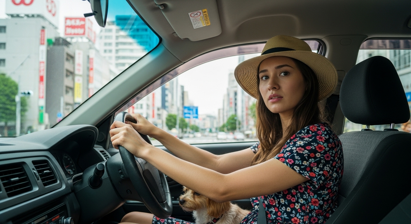 真剣な表情で運転する女性。ペーパードライバー講習中のリアルな様子を描写。