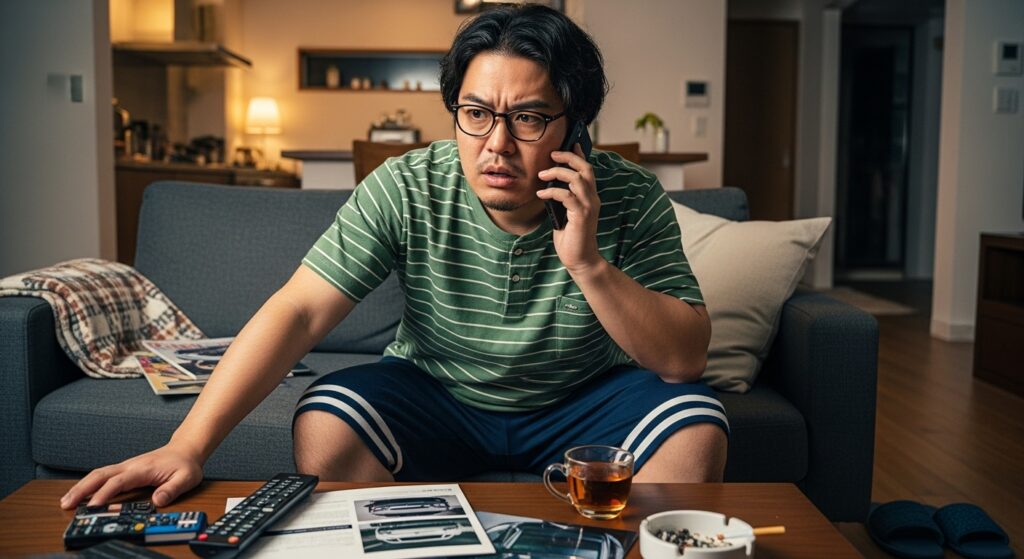 ペーパードライバー講習の内容を電話で質問する男性。自宅のソファで車雑誌やカタログを見ながら真剣に相談している様子。