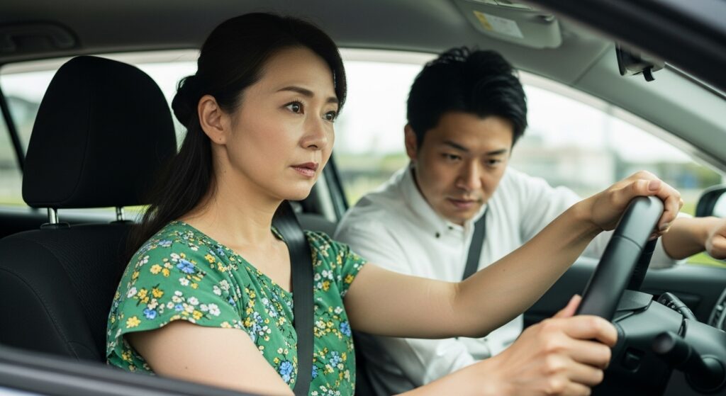 ペーパードライバー講習で短期集中トレーニングを受ける女性ドライバーと指導員。効率的な運転技術習得のための実車指導シーン。