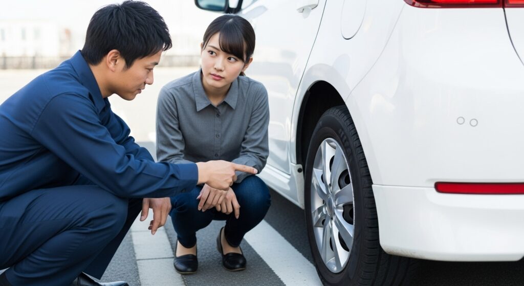 駐車場で左寄せ駐車の練習をするペーパードライバーとインストラクター