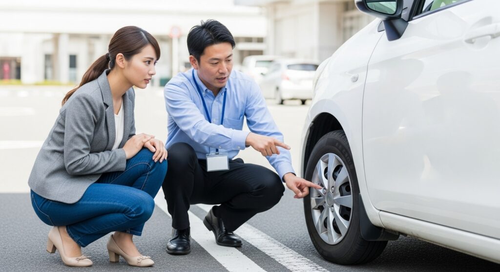 ペーパードライバー講習で車の左側感覚を指導するインストラクターと受講者