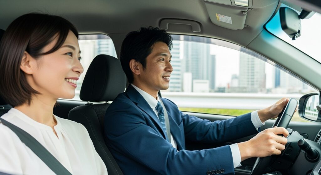 ペーパードライバー講習に30回以上通った男性と、それを笑顔で見守る女性の様子。運転中の前向きな表情が印象的。