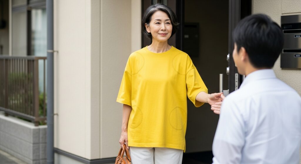 50代女性がペーパードライバー講習のインストラクターと住宅街の駐車場で会話している様子