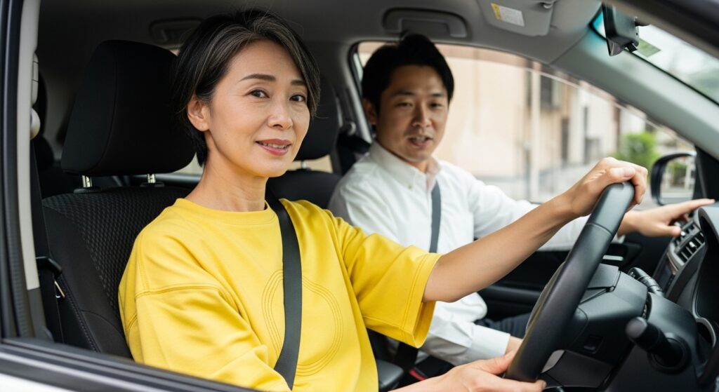 50代女性がインストラクターと一緒に車内で運転練習をしている様子 ペーパードライバー講習 新宿区四谷三丁目